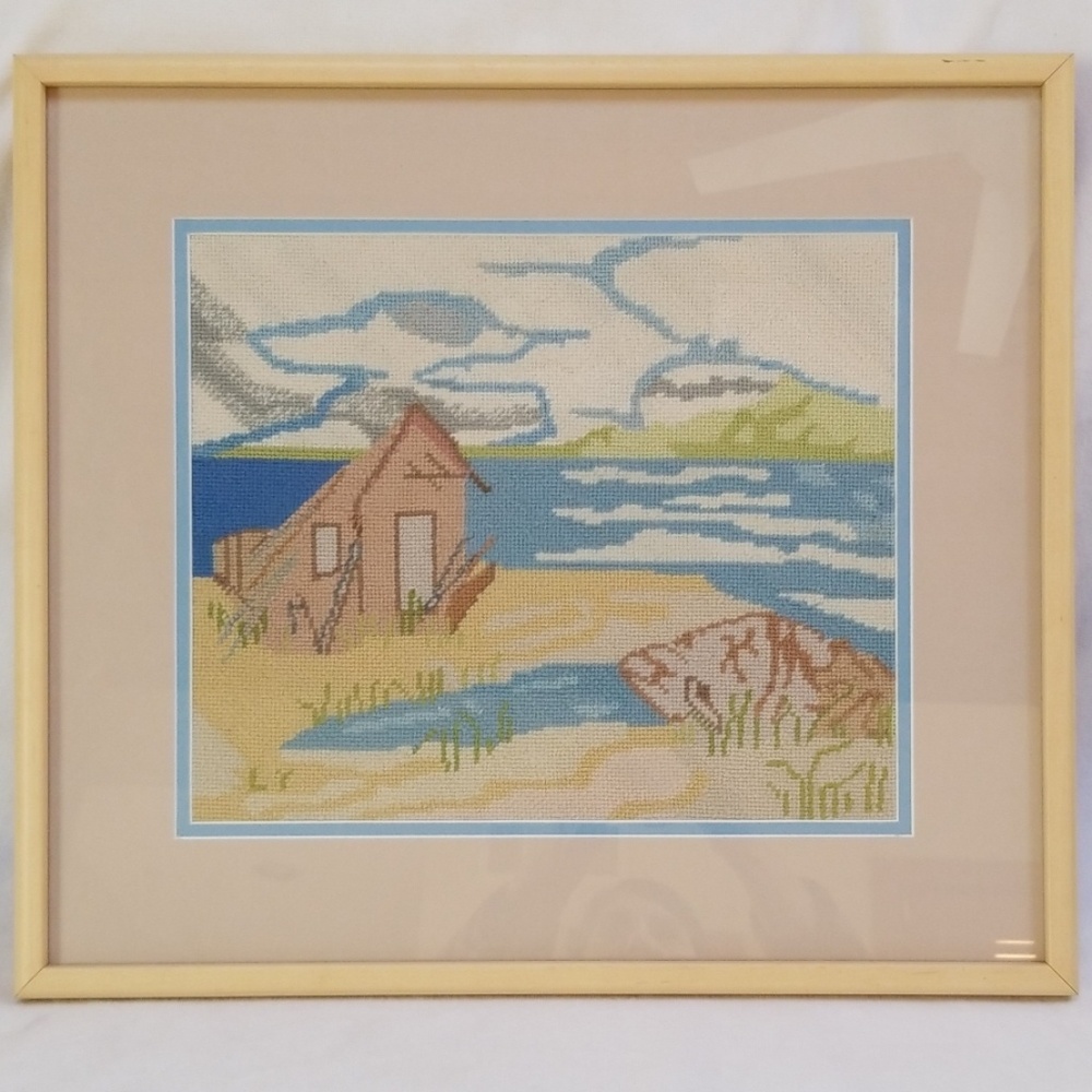 Super Fine Needlepoint Framed Beach Scene Wall Art
